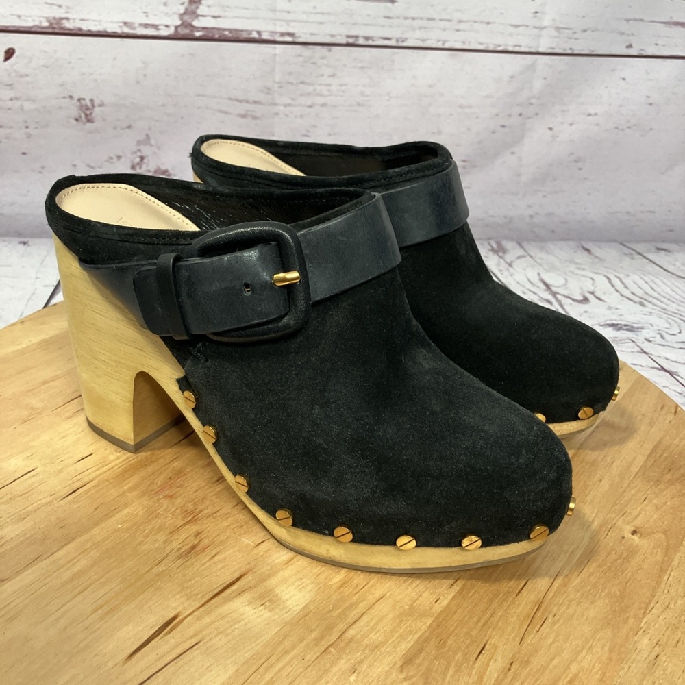 Veronica Beard Black Suede Wooden Platform Clogs Mule Stud Trim Womens Size 6